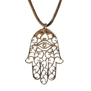 Small Hamsa peace bronze Pendant Necklace on adjustable natural fiber cord
