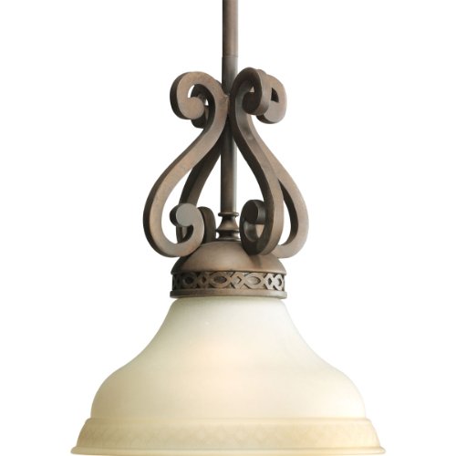 Progress Lighting P5143-102 1-Light Stem-Hung Mini-Pendant with Jasmine Mist Glass and Intricate Architectural Metal Pattern, Roasted Java
