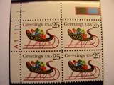 US Postage Stamps, 1989, Christmas, Sleigh Full of Presents, S# 2428, Plate Block of 4 25 Cent Stamps, MNH