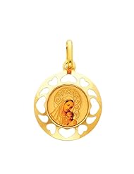 14K Yellow Gold Religious Blessed Virgin Mary and Baby Jesus Enamel Picture Charm Pendant