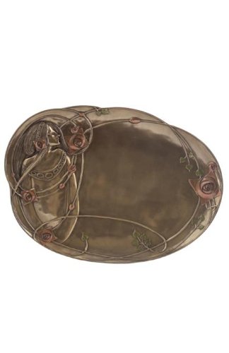Art Nouveau Geometric Rose and Lady Trinket Dish, Bronze Powder Cast 5/8-inch Long