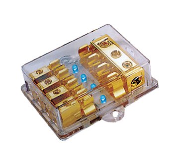 ABSOLUTE AFL3448 Gold AGU Style Fuse Power or Ground 4 Gang Distribution Fuse Block with Blue Led Light - Three 4 Gauge Inputs/four 8 Gauge Outputs
