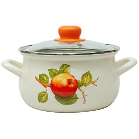 Pyza Stock Pot with Glass Lid, Non Toxic Enamel Coating, 22cm, 4.0L/apple on cream