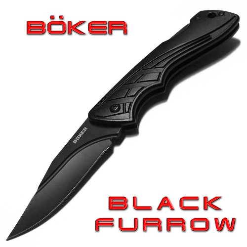 Camping Folding Knives Boker Black Furrow Pocket Knife, Groved Blade