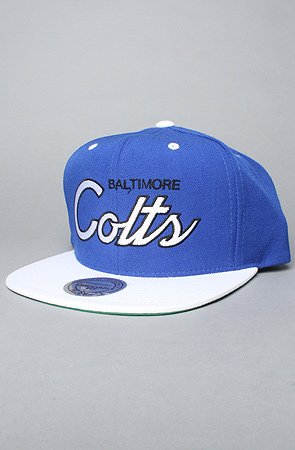 Mitchell & Ness The Baltimore Colts Script 2-Tone Snapback Cap in Blue & White,Hats for Men, One Size,Blue/White