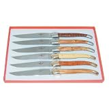 Laguiole Steak Knife Precious Wood Handles with 2 Brushed Steel Bolsters set of 6