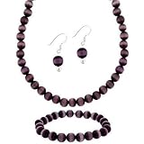Sterling Silver 8mm Purple Glass Cats Eye Stone Bead Beaded Dangle Hook Earrings Stretch Bracelet Necklace 15-19 Jewelry Set