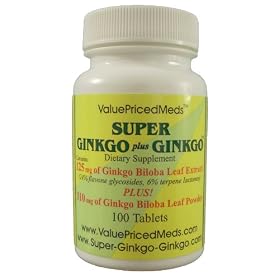 Super Ginkgo Plus Ginko 100 Tablets (125mg Leaf Extract plus 310mg Leaf), ONLY $1.56 Shipping per Bottle, Buy 4 Bottles SHIPPING IS FREE! Dollar for dollar you get 3 X the Ginkgo as Swanson Ginkgo Biloba Extract 60mg 240 Caps!