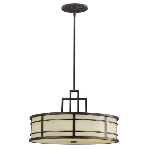 Murray Feiss F2081/3GBZ Fusion Three-Light Uplight Chandelier, Grecian Bronze with Amber Ribbed Glass Caged Bowl