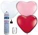 Helium Ballongas Set mit 15 bunt gemischten (rot, rosa und weiß) Herz-Luftballons ø28 cm, Ballonband und Heliumflasche