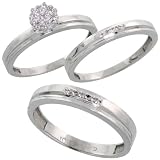 10k White Gold Diamond Trio Engagement Wedding Ring Set for Him 4mm and Her 3 mm 3-piece 0.10 cttw Brilliant Cut, Ladies Size 7.5