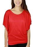 YogaColors Crystal Boatneck Dolman Sleeve Blouse Jersey Tee Up to Plus Size (XX-Large, Red)
