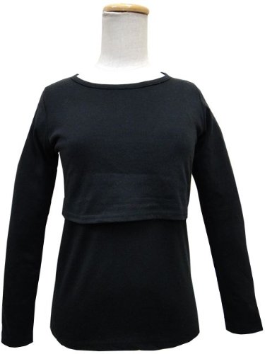 授乳服 無地長袖Tシャツ 母乳育児用 ブラック◇L