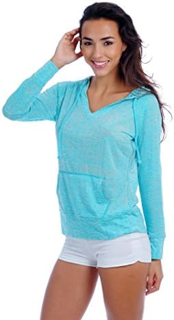 Women's V Neck Long Sleeve Burnout Hoodie (Medium, Aqua Sky)