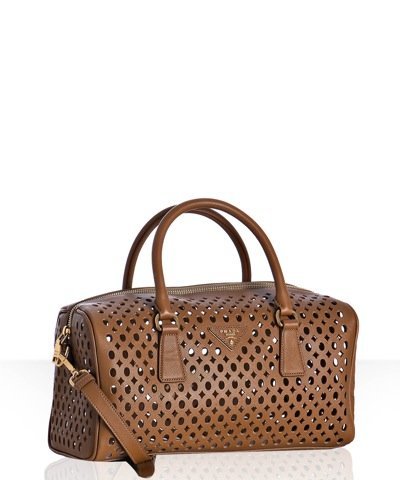 Prada caramel perforated saffiano satchel