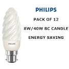 Philips 8 Watt BC Fitting Energy Saving Twisted Candle Light Bulb; 8 Watt Power Consumption With 40 Watt Light Output (One Pack of Twelve Single Candle Bulbs)