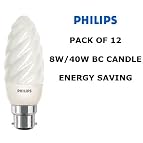 Philips 8 Watt BC Fitting Energy Saving Twisted Candle Light Bulb; 8 Watt Power Consumption With 40 Watt Light Output (One Pack of Twelve Single Candle Bulbs)
