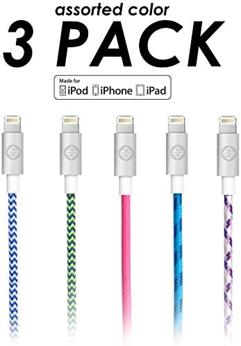 Synapse Cable- 3 PACK of 1M (3.3 feet) Apple MFi Certified Lightning to USB Braided Cable with Aluminum Housing Tips for iPhone 6 (assorted 3 pack)