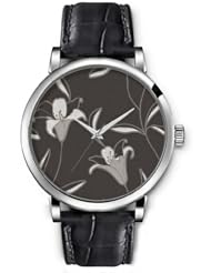 SPRAWL Aanalog Fashion Series Silver Ladies Watches of Genuine Black Leather Strap,Unique Wrist Watch for Women Girls Designed with Drawing lily flowers on gray background