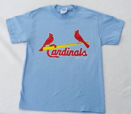 ST LOUIS CARDINALS LT BLUE (VINTAGE '82 BLUE STYLE COLOR) T-SHIRT 'BIRDS ON BAT' YOUTH Size: X-LARGE