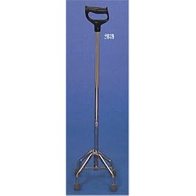 Quad cane - small base orthopedic handle. This walking cane has an orthopedic handle. This walking aid has a 5"x 8 diameter rigid aluminum small base. This walking cane is adjustable from 31 to 41 inches. This Custom walking aid has a weight capacity of 250 pounds.