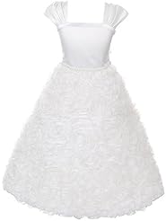 Girls Puff Sleeves Satin Embroidered Flower-Girl Dress 