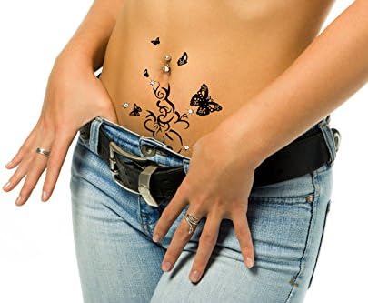 Black Tribal Vajazzle Temporary Tattoo with Butterflies and Clear Crystals - Temporary Body Art - With Sparkling Swarovski Crystals. For Parties, Clubbing, Festivals, Holidays, Weddings, or As a Unique Present. Water Resistant.