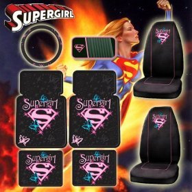 8pc Supergirl Car Mats Seat Covers Steering Covers CD Visor Organizer Set