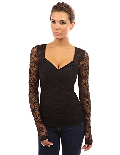 PattyBoutik Women's Sweetheart Floral Lace Long Sleeve Blouse (Black XL)
