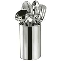 6 Piece Ergonomic Kitchen Utensil Set, Masher, Ladle, Spatula, Serving Spoon, Slotted Spoon, Holed Spoon and Caddy Holder in Stainless Steel