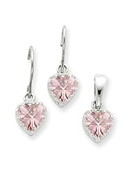 Sterling Silver Pink CZ Heart Earrings And Pendant Set