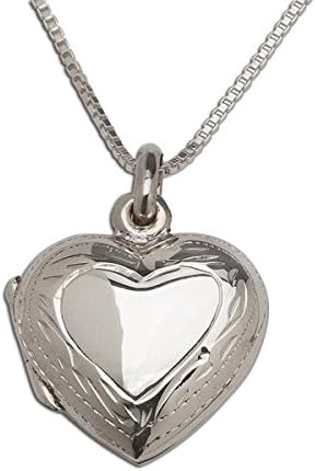 Girls Charm Necklace, Sterling Silver Embellished Heart Locket Necklace, Girls sterling silver traditional heart locket that opens to reveal a space for a small momento. This heart-shaped locket is accented with engraved detailing. A look she will love and be a keepsake she will cherish forever! Locket measures 15mm and floats on a 14" Italian box chain.