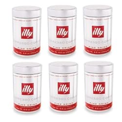 illy Caffe Normale Fine Grind (Medium Roast, Red Band). Box of six 8.8oz coffee cans.