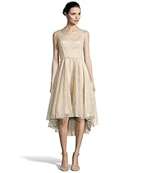 V-neck High-Low-Hem Tea Length Metallic Natural   Waistline Flared-Skirt Sleeveless Mesh Fitted Lace  Dress