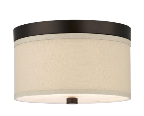 Forecast Lighting F1317-20 Embarcadero Two-Light Flushmount with Vanilla Fabric Shades and Etched White Glass, Sorrel Bronze