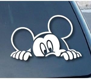 Mickey Mouse Peeking Style #2 - 5" WHITE Vinyl Decal Window Sticker for Laptop, Ipad, Window, Wall, Car, Truck, Motorcycle