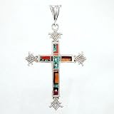 Turquoise and Spiny Oyster Sunburst Cross Pendant by Ray Tracey in Sterling Silver, #8582