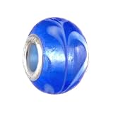Pandora Style Charm Bead (Z307) Glass Style (15mm x 10mm) (fits Troll too) ~ Blue with White Swirls