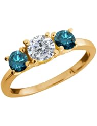 1.04 Ct Round I/J Diamond Blue Diamond 18K Yellow Gold Ring