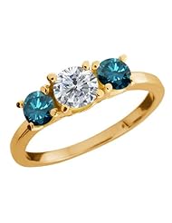 1.04 Ct Round I/J Diamond Blue Diamond 18K Yellow Gold Ring