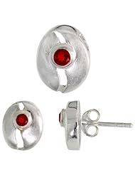 Sterling Silver Matte-finish Cracked Egg Style Earrings (10mm tall) & Pendant Slide (11mm tall) Set, w/ Brilliant Cut Ruby-colored CZ Stones