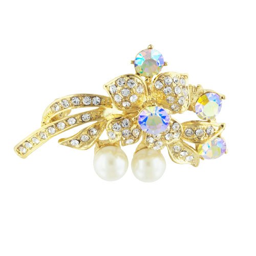 Gold Tone Flower And Ribbon Rhinestone Pugster Brooch