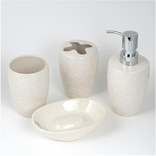 Simple Style 4 Piece Bath Ensemble with Cobblestones Pattern,ceramic Bathroom Accessory Set with Soap Dish, Lotion Dispenser, Toothbrush Holder & Tumbler (Creamy White)