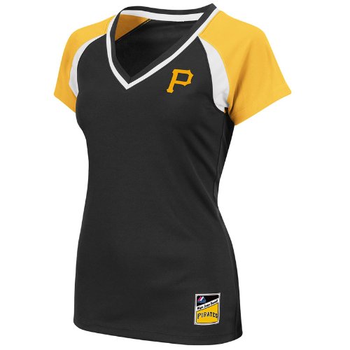 MLB Pittsburgh Pirates Women's Short Sleeve Raglan Deep V-Neck Synthetic Tee (Black/Yellow Gold/White, Small)