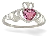 14K White Gold Genuine Heart Pink Tourmaline Celtic Claddagh Ring