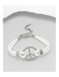 White Peace Symbol Artificial Suede Leather Bracelet In White Base