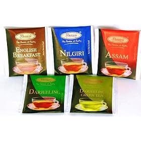FIVE PACKETS OF INDIVIDUAL WRAPPED TEA BAGS - ENGLISH BREAKFAST - ASSAM - DARJEELING - DARJEELING GREEN - NILGIRI