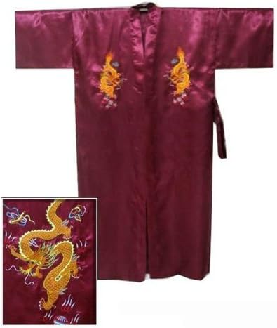 Chinese Men's Silk Satin Embroidery Kimono Robe Bath Gown with Dragon (Burgundy, XL)
