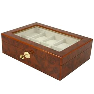 Watch Box 10 Watches Burlwood Finish Window Extra Clearance Large Cushions Lock Key