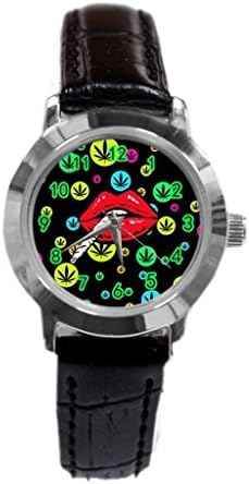 Colorful Marijuana Weed Leaf & Hot Lip Custom Design Unique style watches with Black Leather Strap Customizable Watch for women man